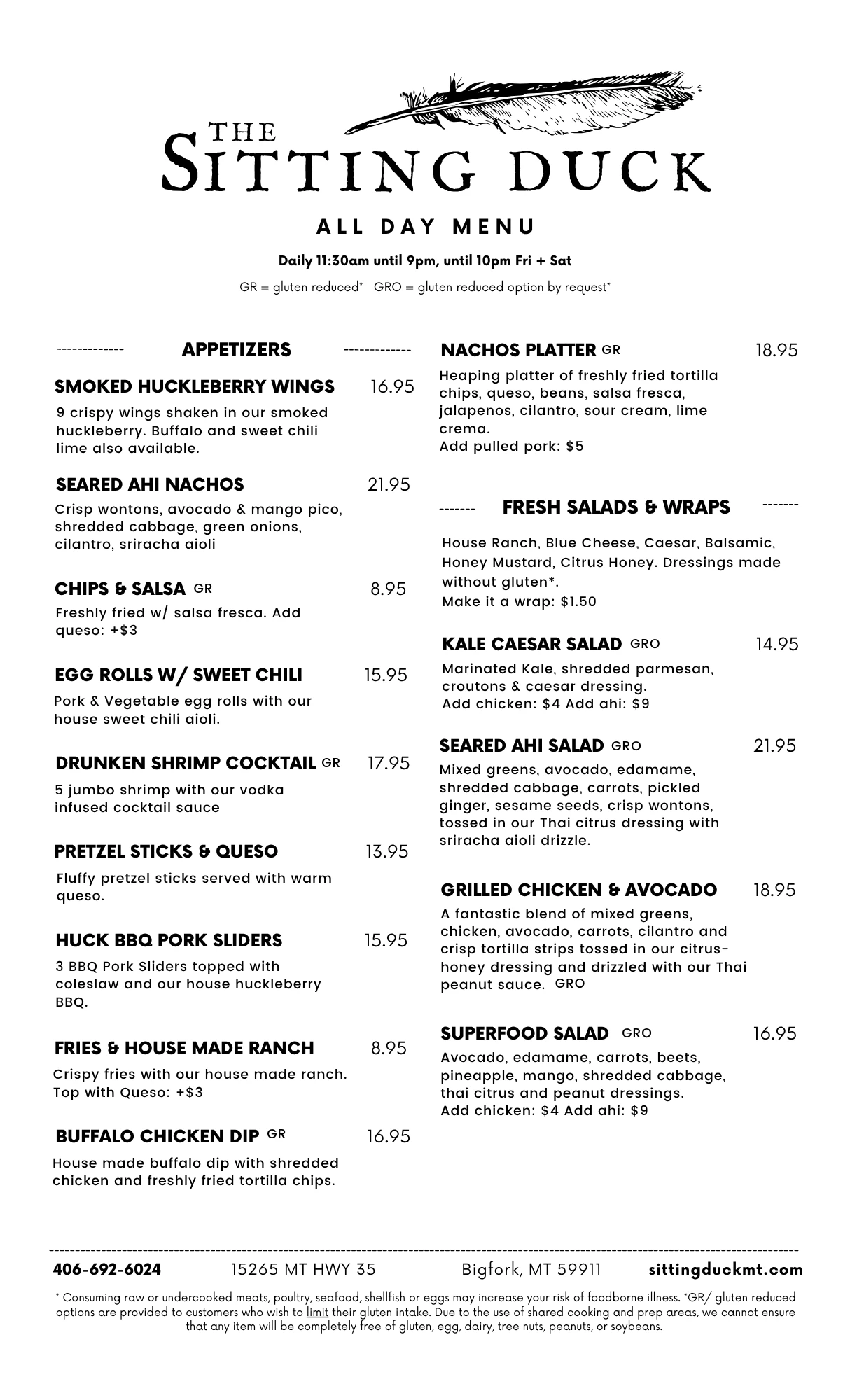 The Sitting Duck Lakeside Dining Menu, page 1
