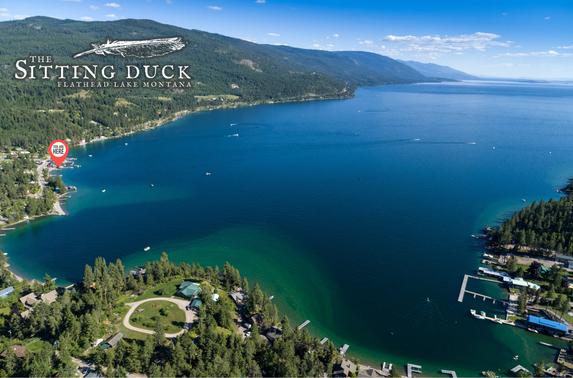 Aerial view of The Sitting Duck's location on Flathead Lake