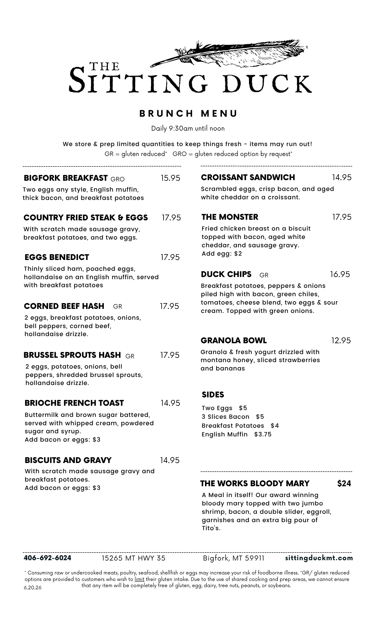 The Sitting Duck Weekend Brunch Menu