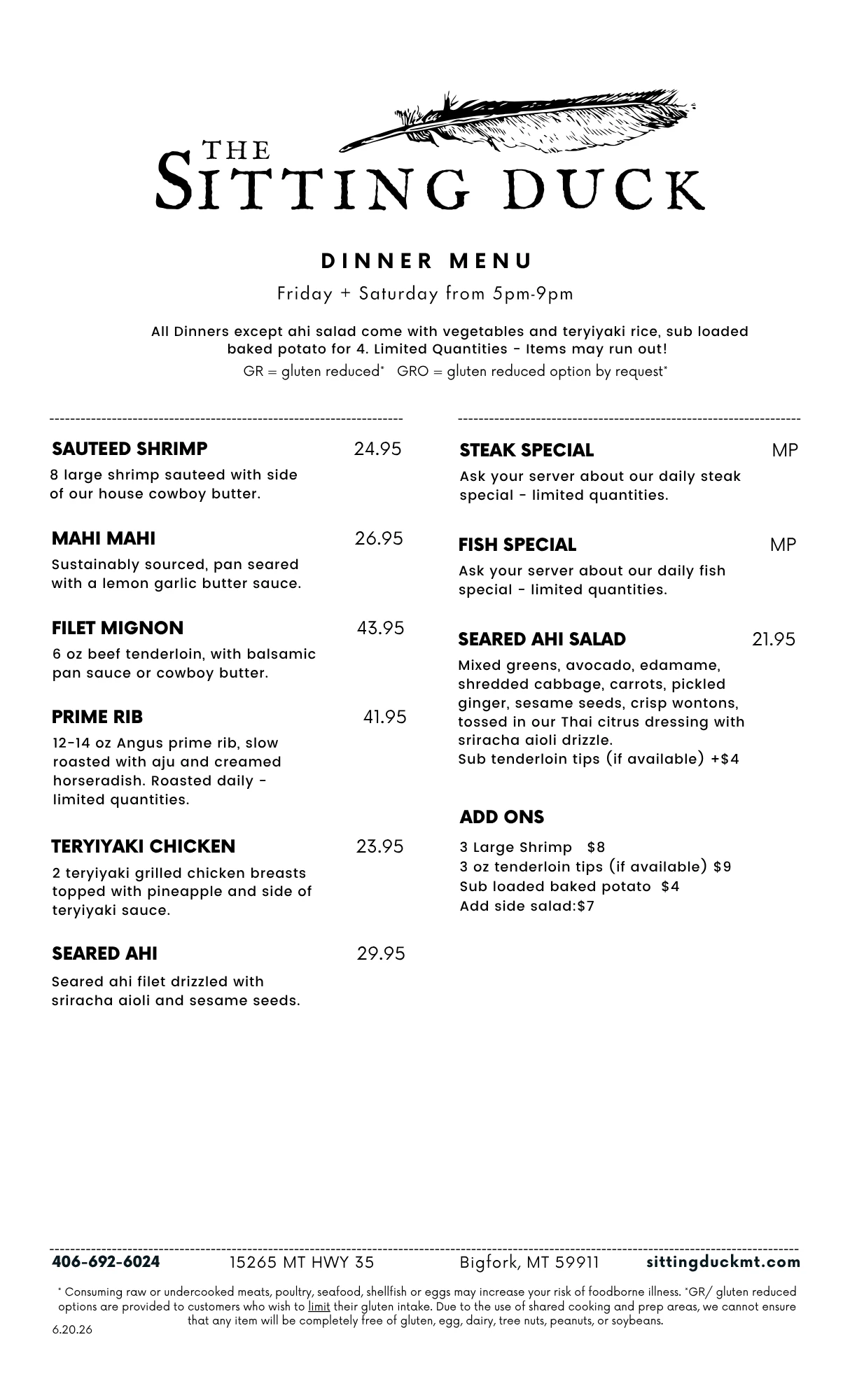 The Sitting Duck Duck Dinners Menu